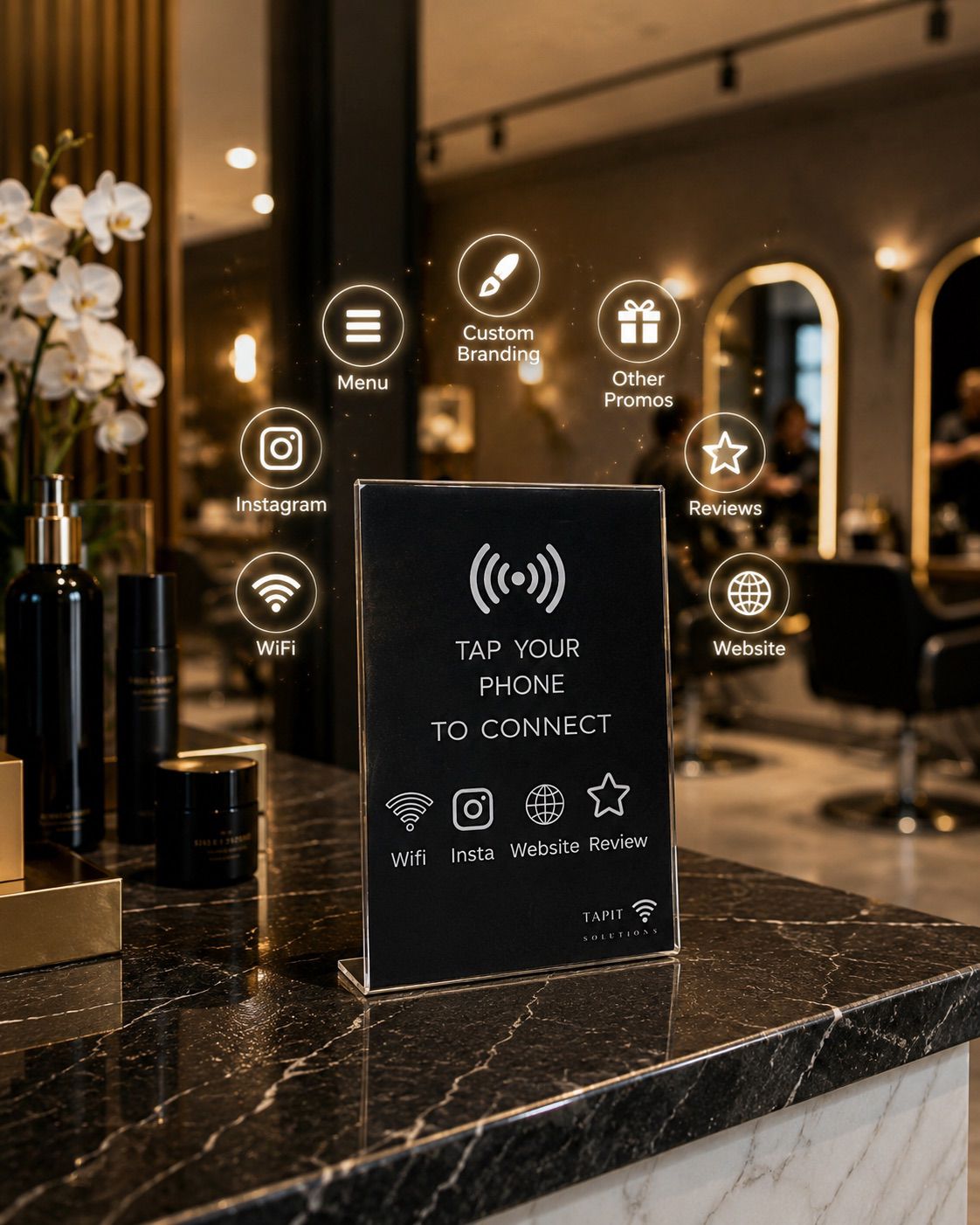 TapIt NFC stand with action icons