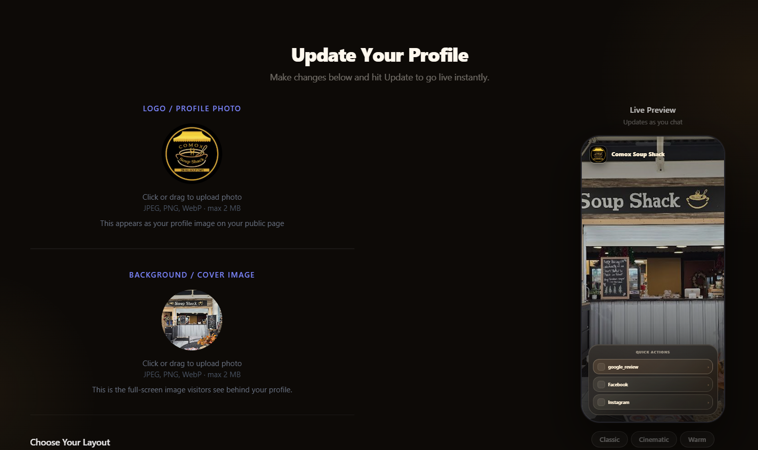 TapIt software profile builder and live preview